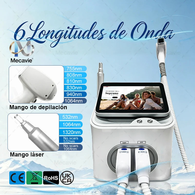 Máquina de Depilación Láser de Diodo y Láser de Picosegundos 2 en 1 808nm, Máquina de Eliminación de Tatuajes con 6 Longitudes de Onda 755 808 830 810 940 1064nm