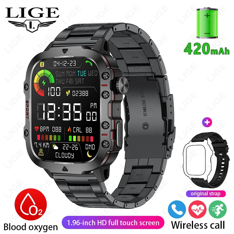 LIGE Nuevo Reloj Inteligente Pantalla de 1.96 Pulgadas 420 mAh Llamada Bluetooth Asistente de Voz Reloj Deportivo Fitness Reloj Inteligente Impermeable para Hombre
