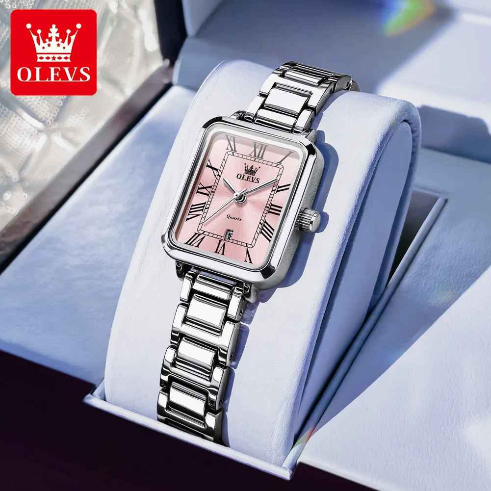 Reloj de pulsera para mujer OLEVS, elegante reloj retro cuadrado para dama, automático con fecha, resistente al agua, correa de acero en oro rosa, reloj de cuarzo original 5641