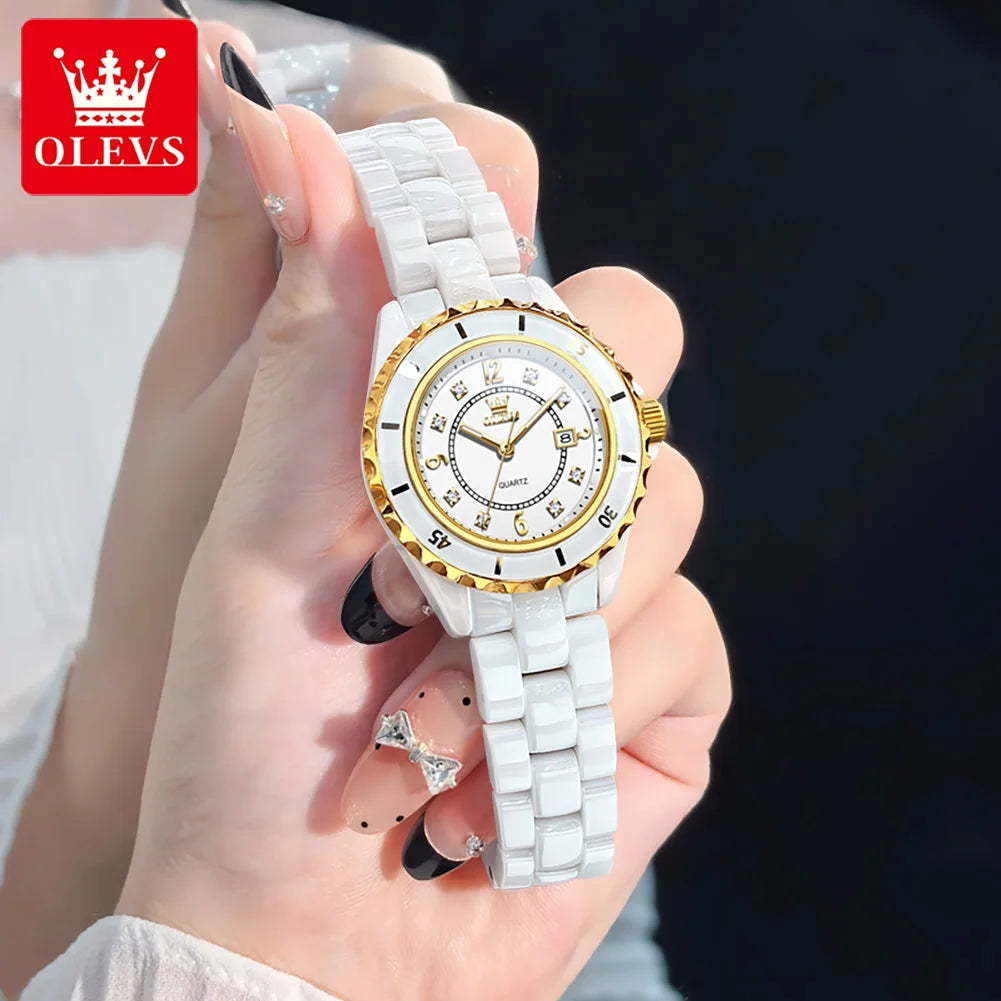 Relojes OLEVS 5658 de tendencia casual para mujer, correa de cerámica blanca pura, reloj de pulsera de cuarzo original de marca líder, resistente al agua, luminoso