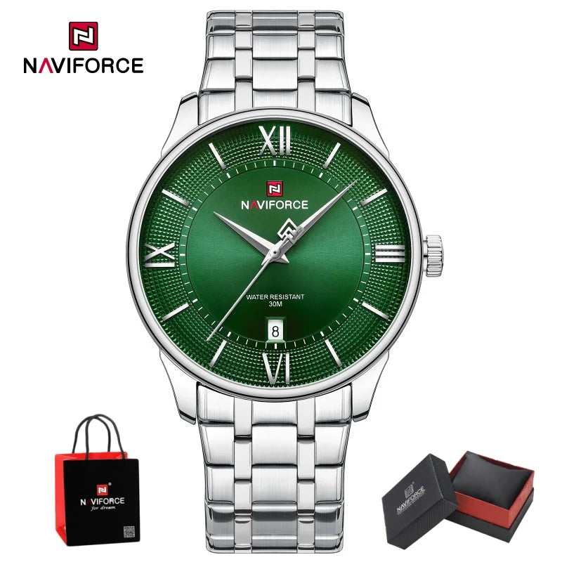 NAVIFORCE Men Elegant Quartz Wristwatch 3ATM Waterproof Calendar Stainless Steel Business Formal Watch Wristwatch Gifts box