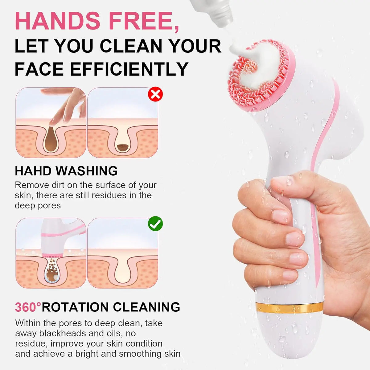 Cepillo de limpieza facial eléctrico, limpiador facial giratorio sónico, cepillo de limpieza profunda de poros, masajeador facial, herramienta impermeable para el cuidado de la piel