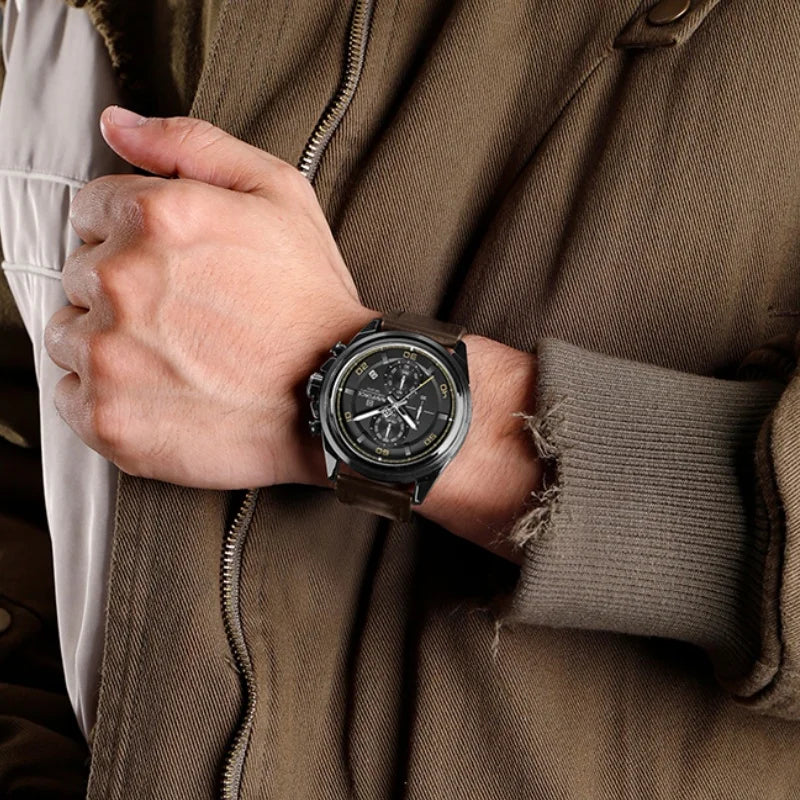 NAVIFORCE Chronograph Wristwatch for Male Quartz Date Display 30M Waterproof Real Leather Strap Clock Mature Fashion Man's Watch