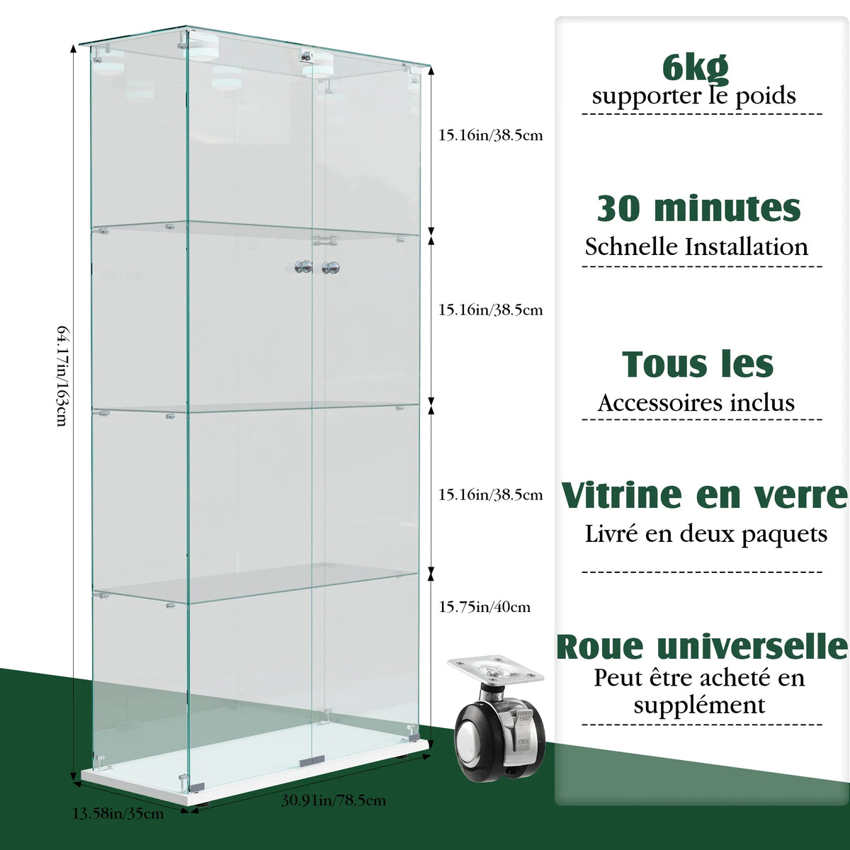 Vitrina en blanco, vitrina de cristal de 4 niveles con luz LED, cerradura y cristal templado, para salón, dormitorio