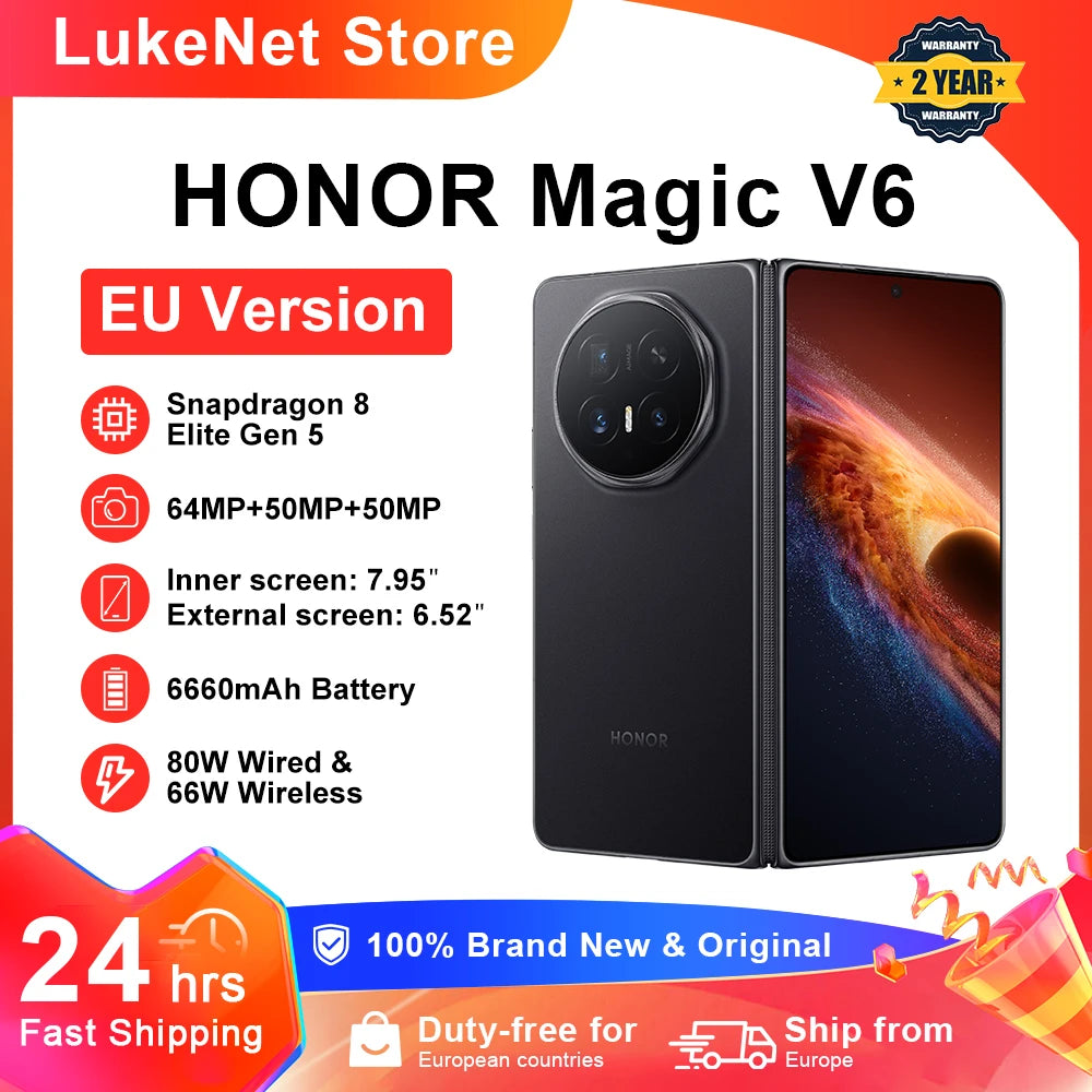 Smartphone HONOR Magic V6 versión UE 5G, procesador Snapdragon 8 Elite Gen5, batería de 6660 mAh, carga rápida SuperCharge de 80 W, MagicOS 10, pantalla OLED de 7,95", IP69