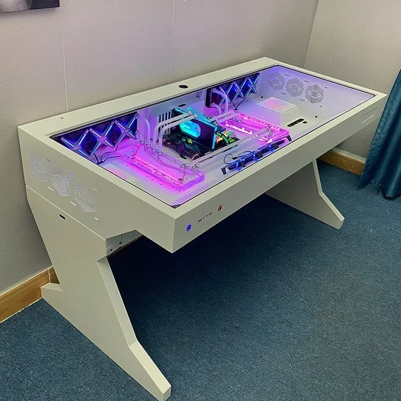 Escritorio para PC blanco con panel de vidrio y ventiladores RGB azules y rosas