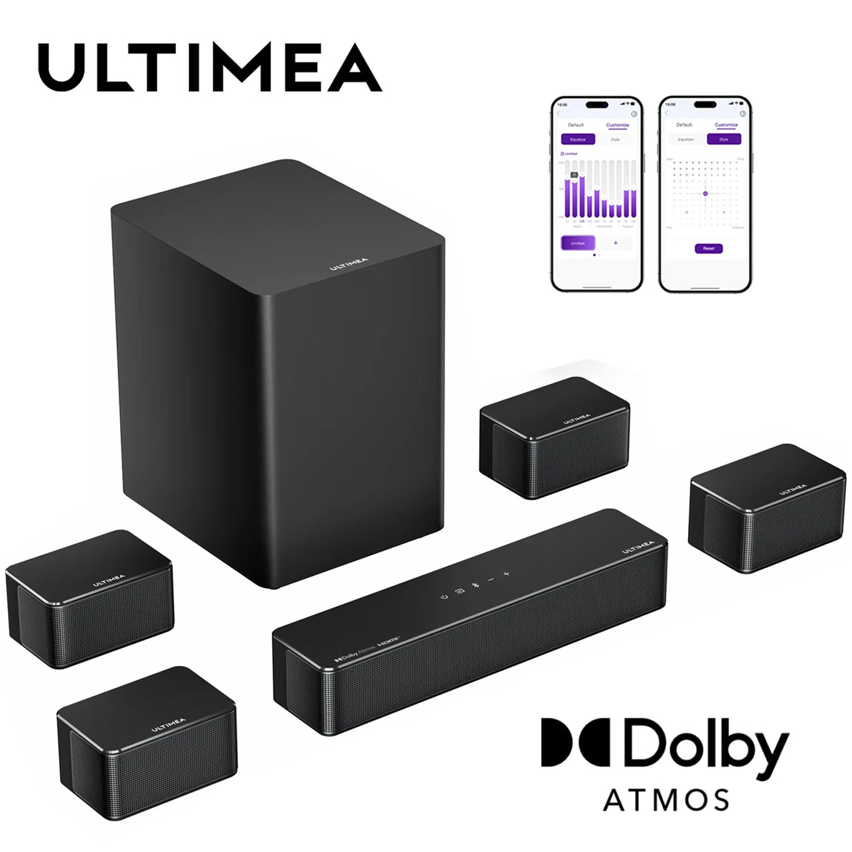 Conjunto de barra de sonido, subwoofer y 4 altavoces satélite negros