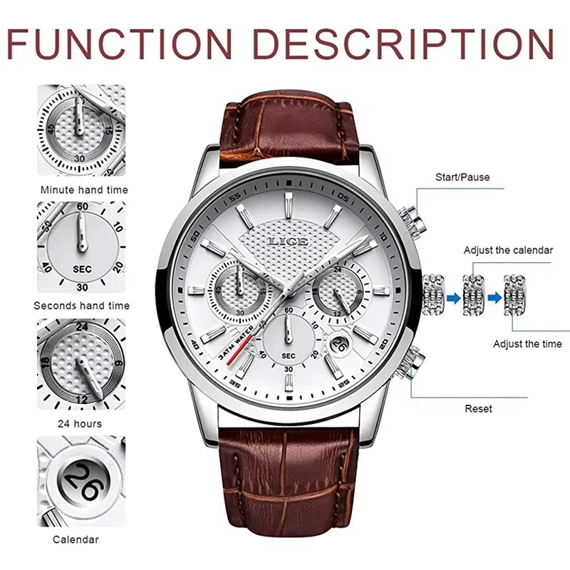 LIGE Watch MenTop Brand Luxury Casual Leather Quartz Mens Watches Man Business Clock Male Sport Waterproof Date Chronograph