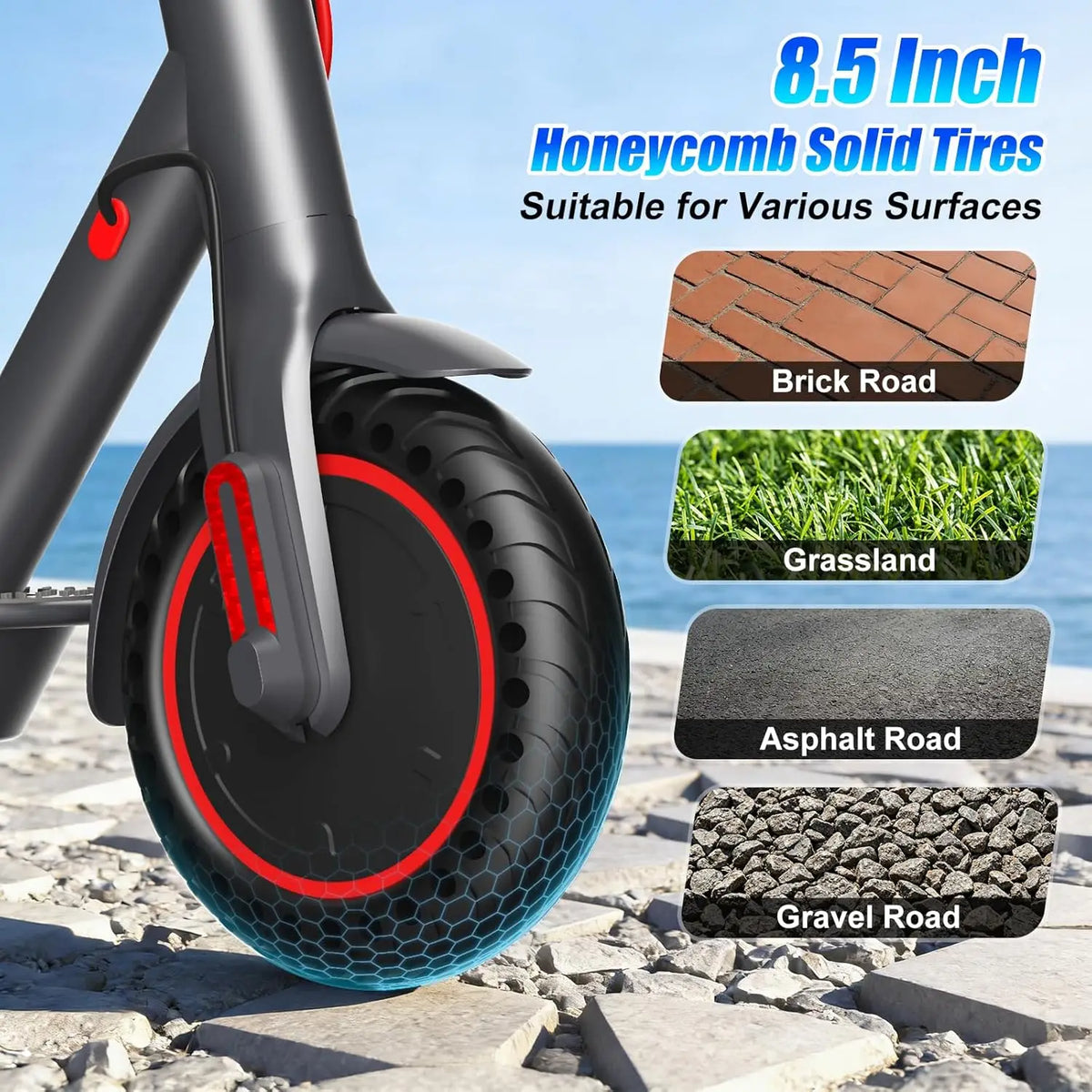 Rueda de patineta eléctrica con neumático macizo tipo panal y aro rojo
