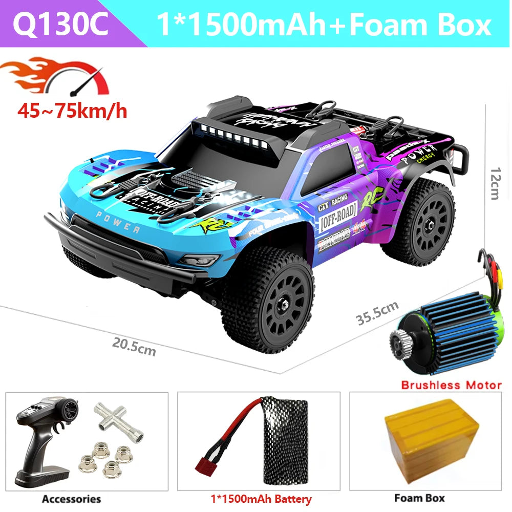 Coche teledirigido 4WD Q130 70 km/h con luces, motor con/sin escobillas, vehículo de control remoto, camión de drift de alta velocidad, juguetes para niños y adultos