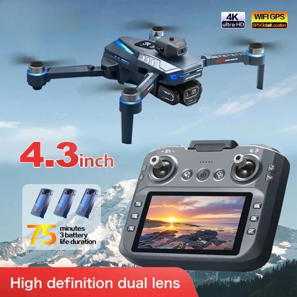 Dron quadcóptero gris con brazos plegables, cámara dual y pantalla LCD integrada