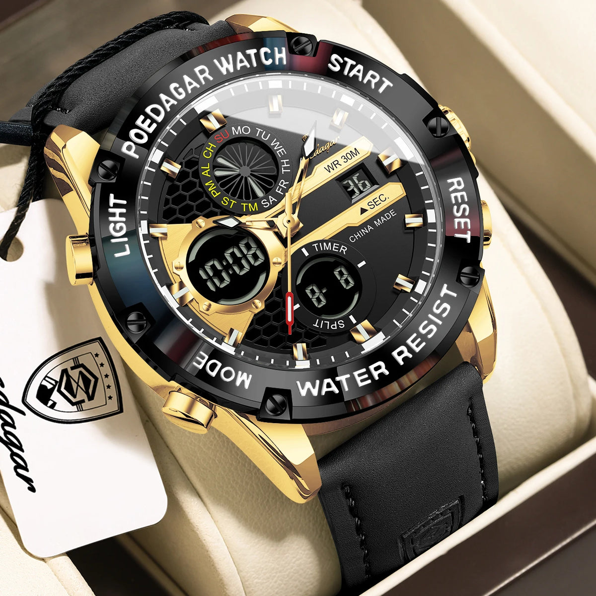 Reloj de hombre POEDAGAR Top Fashion, impermeable, electrónico, LED, de lujo, con pantalla de hora dual, digital, de cuarzo y correa de piel