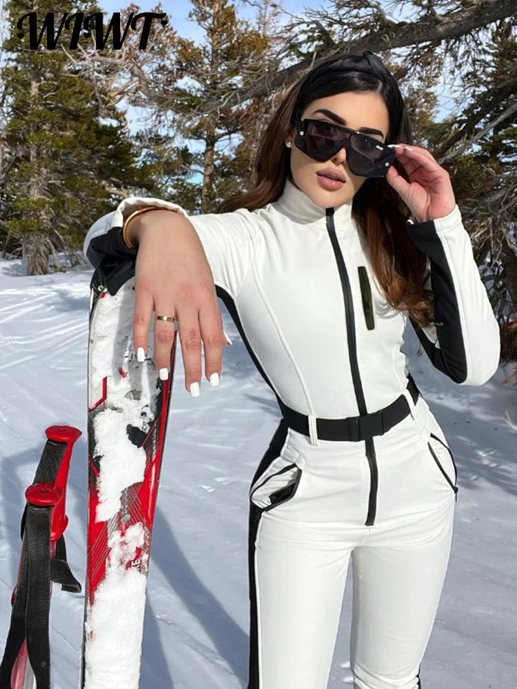 Monos de esquí de retales para mujer, mono de esquí elegante de manga larga, impermeable, a prueba de viento, para monopatín, invierno, 2025