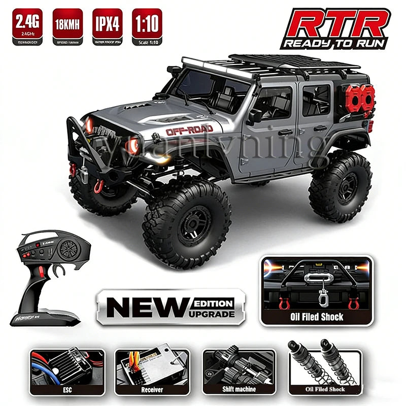 Coche RC 1/10 vehículo a control remoto 2.4G rock crawler de escala completa, camión todoterreno 4WD para escalar con luz LED