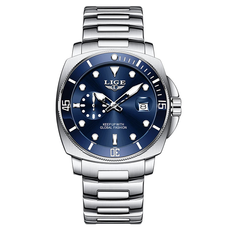 Reloj LIGE moderno para hombre, resistente al agua, luminoso, con calendario, de acero inoxidable, reloj de cuarzo para hombre, estilo deportivo y de negocios + caja