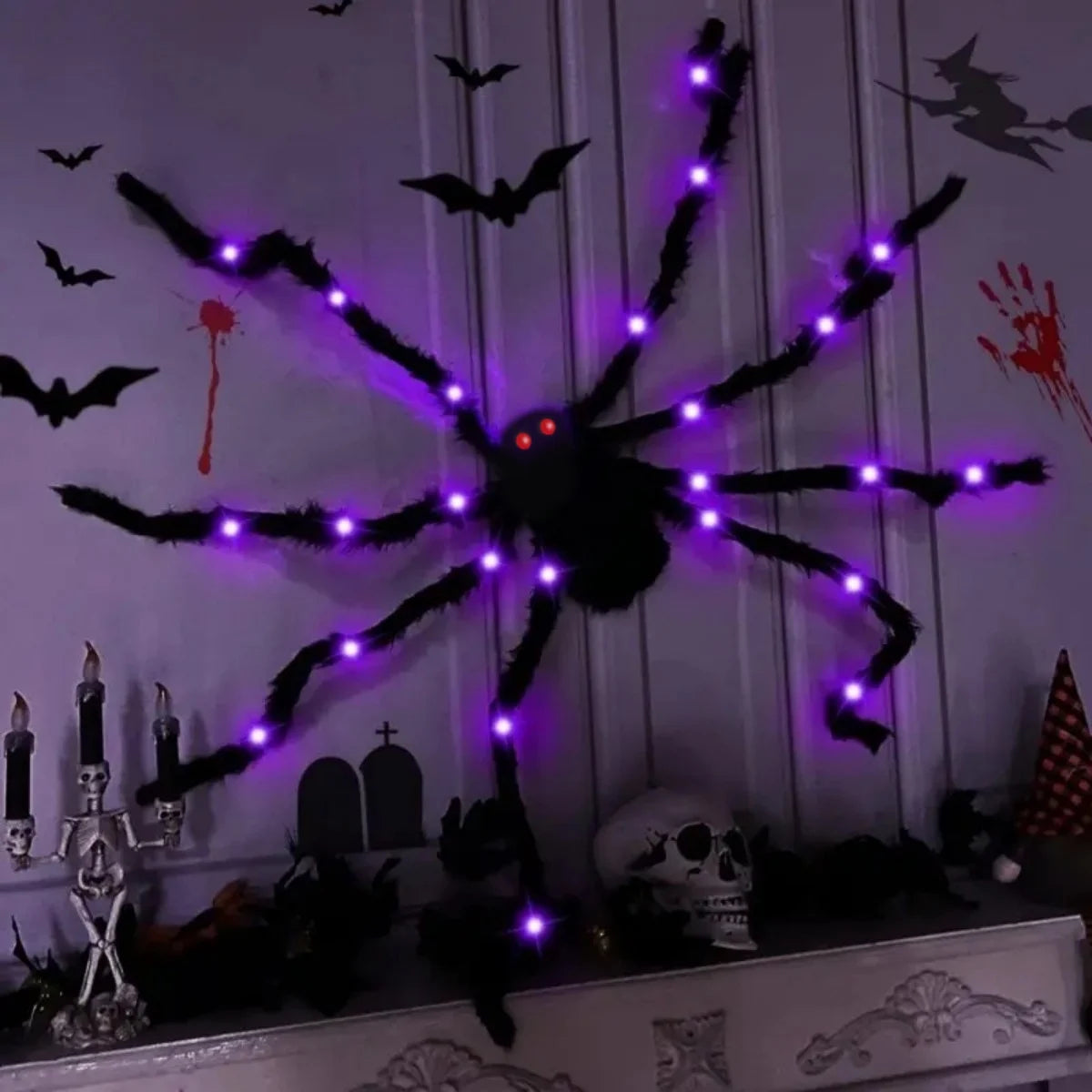 1 unidad de decoración de araña gigante y peluda de Halloween con luces LED moradas y ojos rojos brillantes para decoración de terror al aire libre