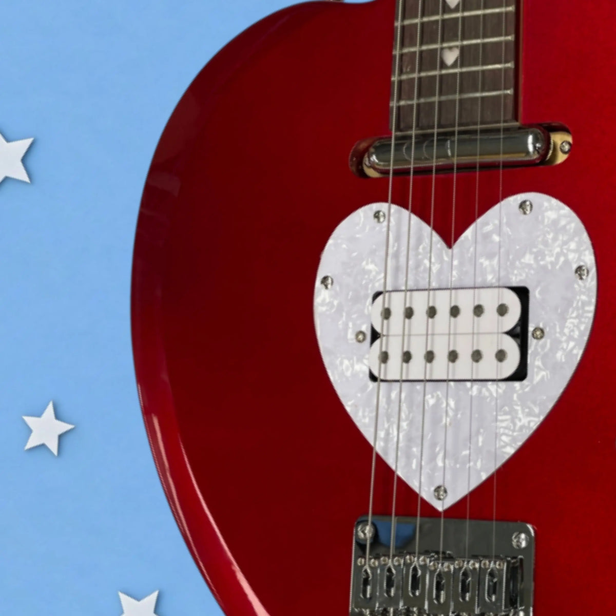 Guitarra eléctrica de 6 cuerdas con forma de corazón, acabado metálico rojo brillante, incrustaciones con forma de corazón para guitarras con diapasón de palisandro, con pastilla H.