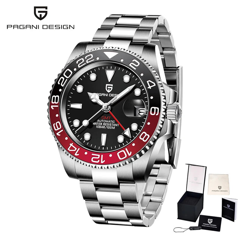 PAGANI DESIGN 40mm Reloj mecánico de lujo para hombre, reloj GMT de acero inoxidable, marca de alta gama, cristal de zafiro, relojes para hombre