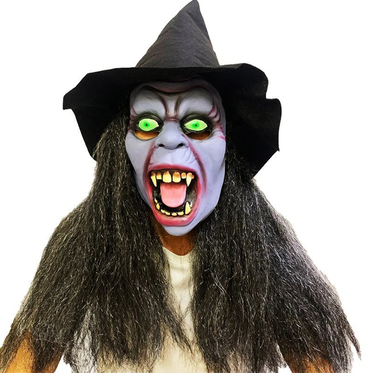 Máscara de bruja vieja de terror para Halloween con sombrero, Cosplay de payaso aterrador, Hag, máscaras de látex, cara verde, nariz grande, accesorios de fiesta de disfraces para mujeres mayores