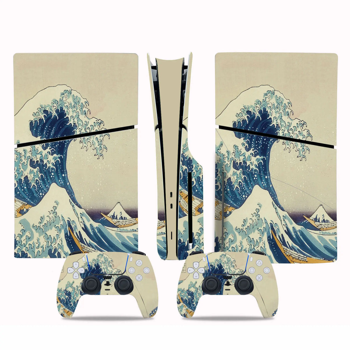 Skin con diseño de ondas para consola PS5 Slim edición disco y 2 mandos, adhesivo protector, pegatina removible para PS5 Slim edición disco