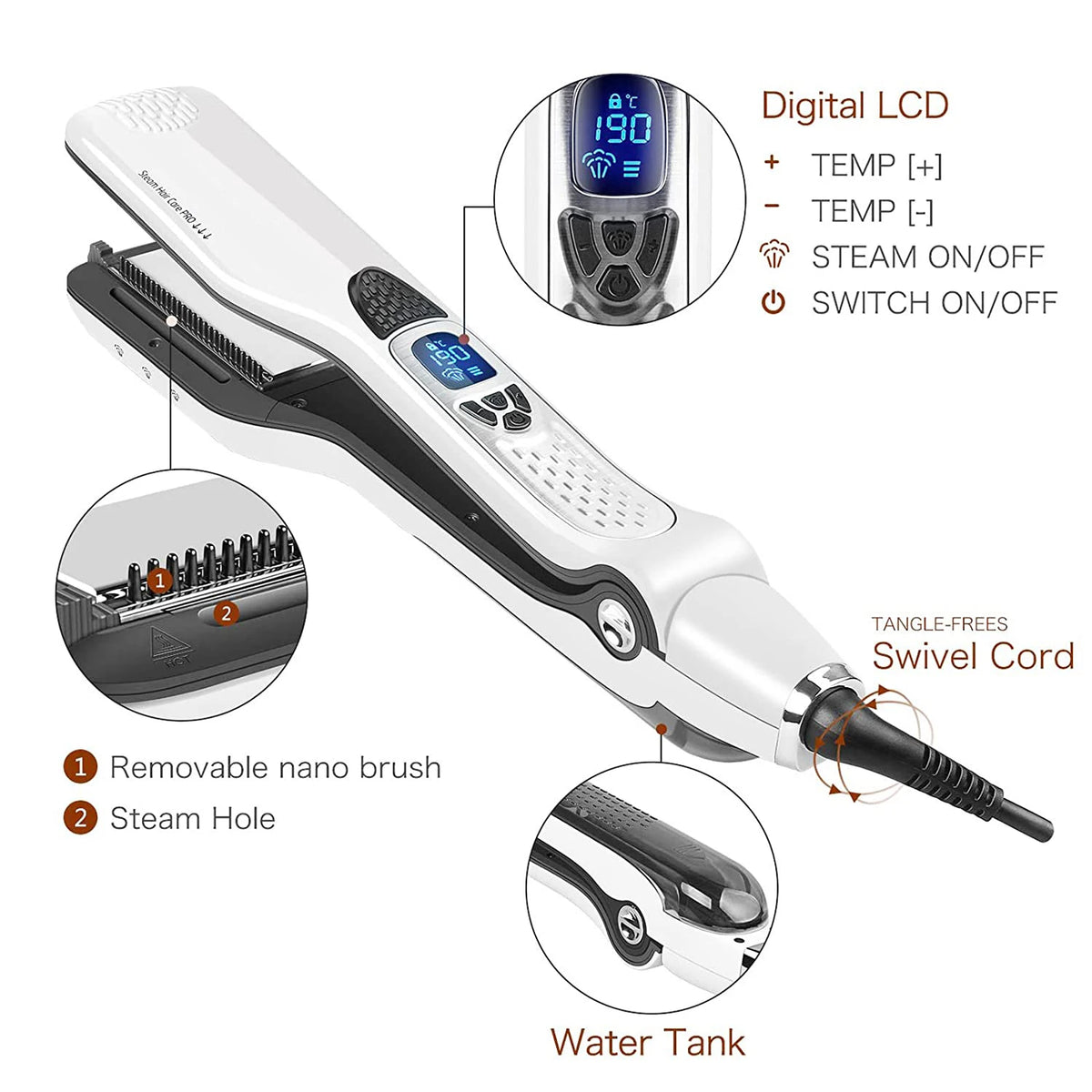 Plancha de pelo profesional, plancha plana de vapor, cepillo alisador, cepillos eléctricos para el cabello, alisadores de vapor de turmalina de cerámica