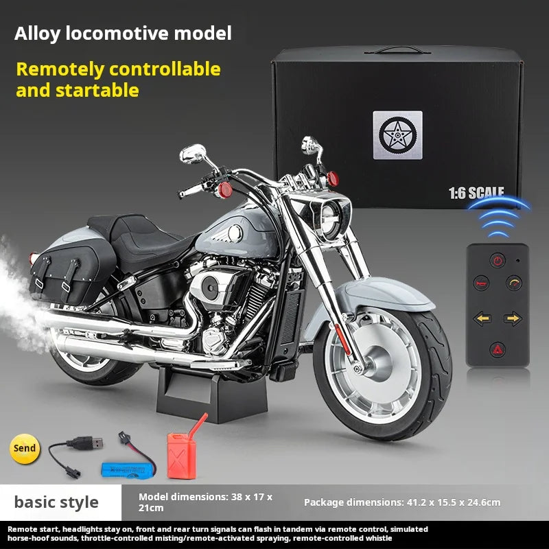 1:6 Harley Fat Boy Retro Heavy Motorcycle Diecast Alloy Simulated Remote Control Ignition & Spray Effect Toy Model Decoration