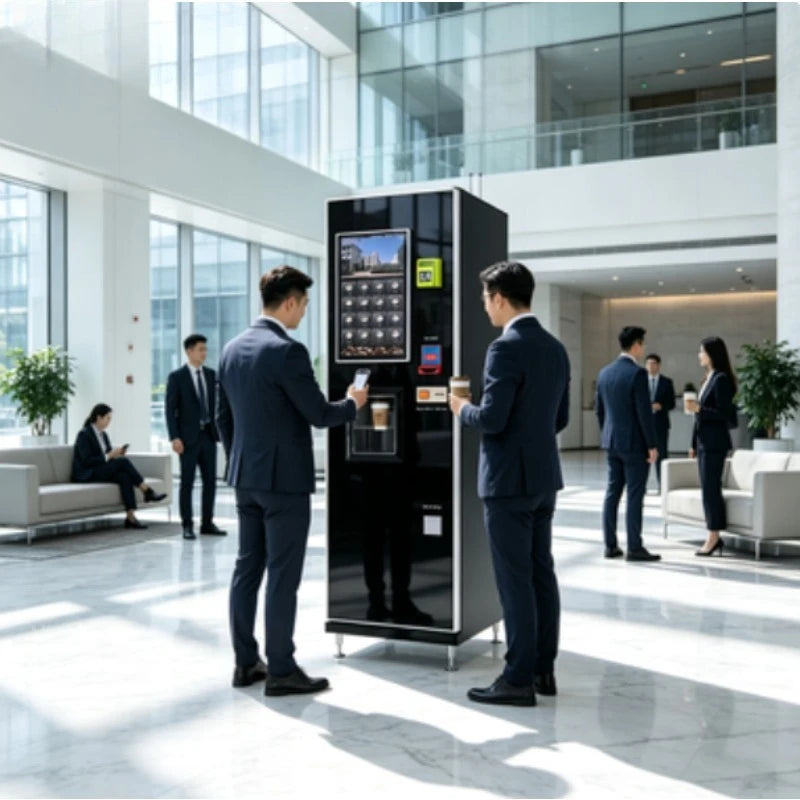 Máquina expendedora automática de café robótica negra con pantalla y dispensador de vaso