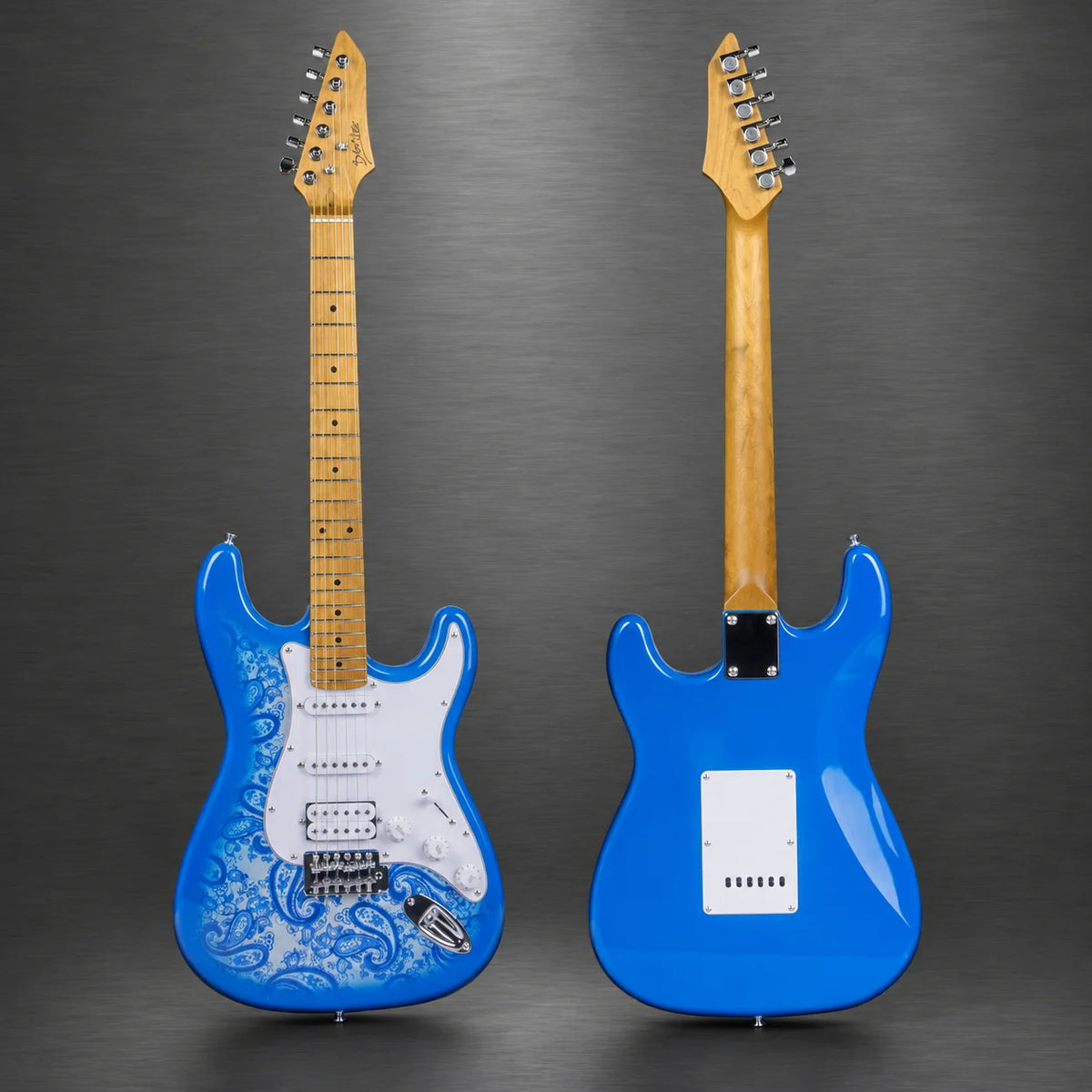 Guitarra eléctrica de estilo ST, 22 trastes, con diseño de estampado paisley, forma clásica ST, ideal para guitarristas de rock y blues.