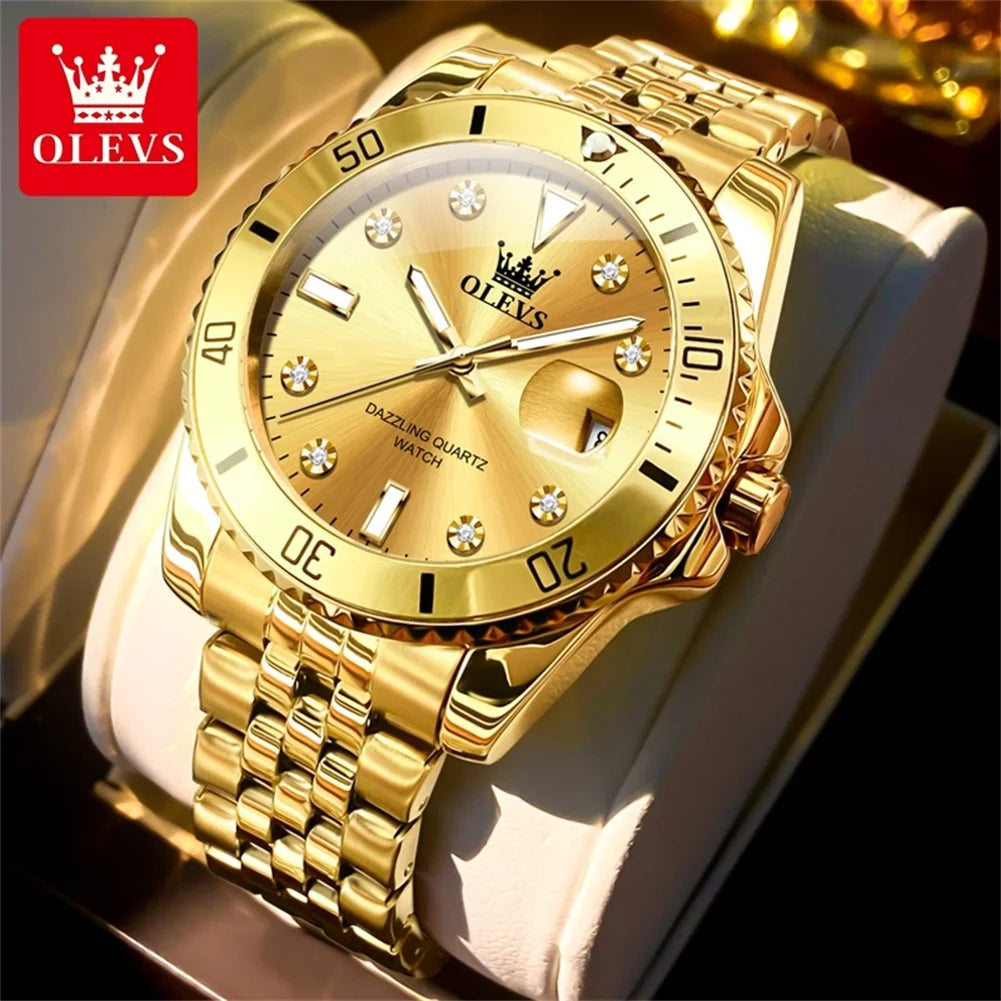 Reloj OLEVS 9809 para hombre, original, resistente al agua, luminoso, de cuarzo, de acero inoxidable, de marca reconocida, con calendario, estilo ejecutivo