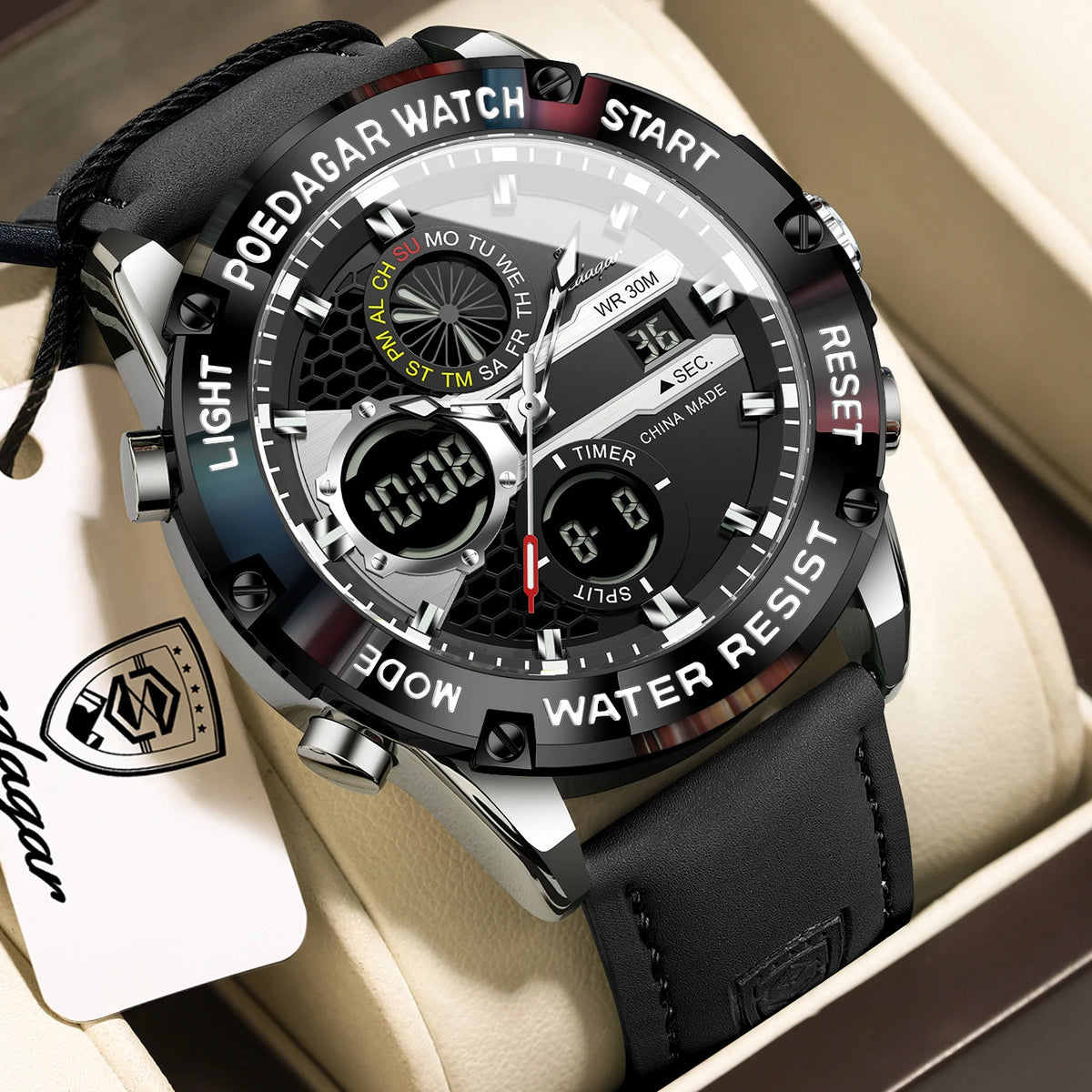 Reloj de hombre POEDAGAR Top Fashion, impermeable, electrónico, LED, de lujo, con pantalla de hora dual, digital, de cuarzo y correa de piel