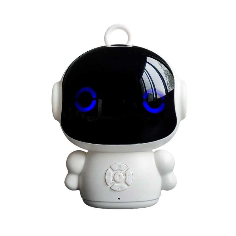 Robot infantil blanco y negro con ojos LED azules y botón en la barriga