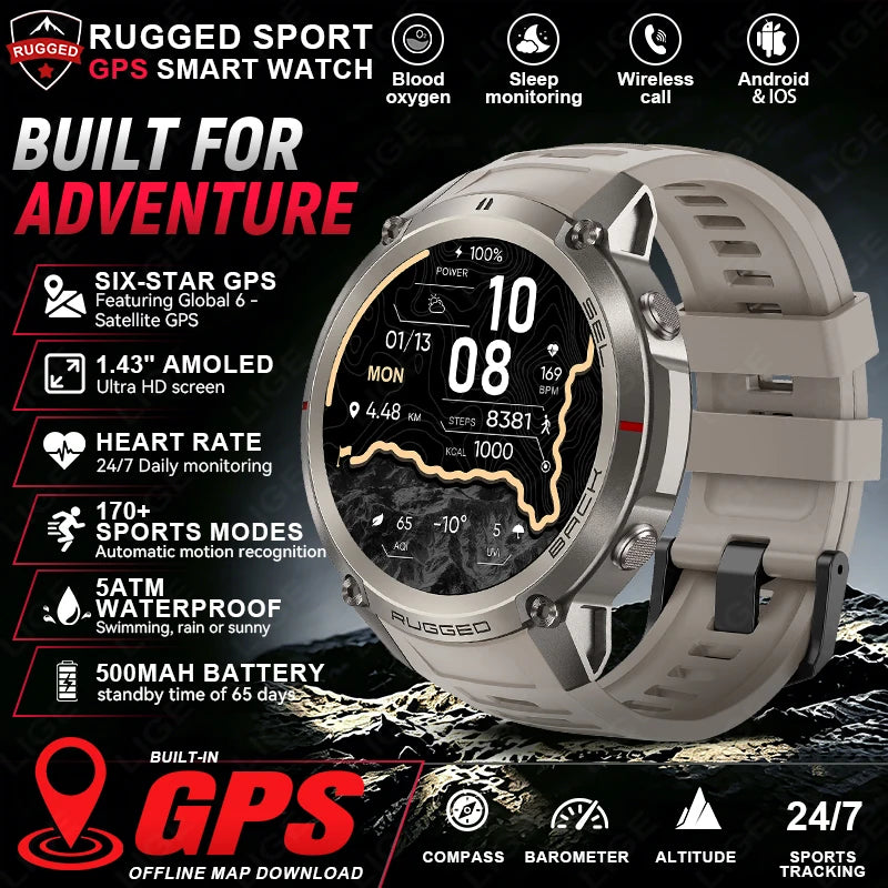 Reloj inteligente GPS 2026 para hombre, 5ATM resistente al agua, más de 170 deportes, mapa sin conexión, brújula, altímetro, pantalla AMOLED, llamadas Bluetooth, reloj inteligente para exteriores