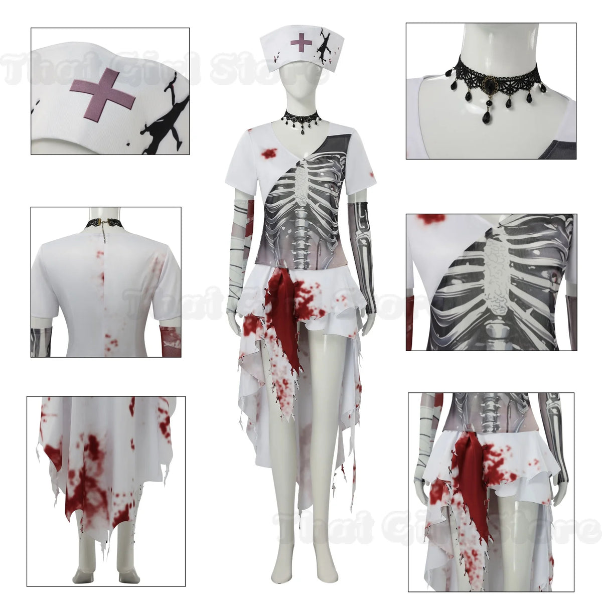 Disfraz de Enfermera Zombi Aterradora, Cosplay de Anime de Terror, Diseño de Esqueleto a la Moda, Vestido con Patrón de Manchas de Sangre Falsa, Traje de Una Pieza, Sombrero para Halloween