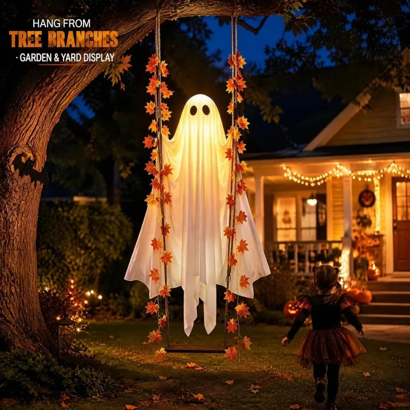 Decoraciones de Halloween para Exteriores, Fantasmas Luminosos Colgantes con Luces de Cadena, Adorno de Fantasma Brillante para Jardín