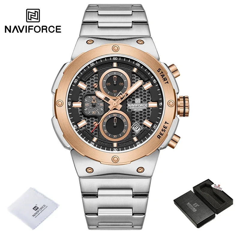 Reloj NAVIFORCE de lujo para hombre, con cronógrafo de cuarzo, luminoso, calendario, resistente al agua, de acero inoxidable, estilo deportivo y militar.