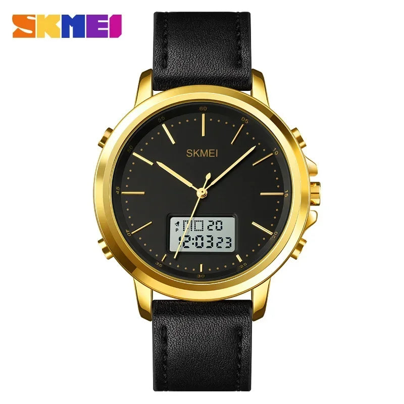 SKMEI 1652 Reloj impermeable con correa de cuero para hombre, reloj de pulsera digital, cronógrafo, alarma, pantalla dual, informal
