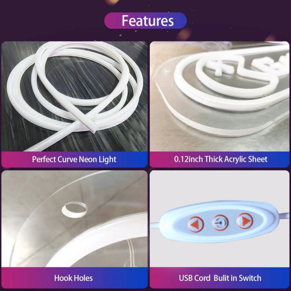 Kit de luz neón con cable USB y switch, tubo flexible, hoja acrílica y anclajes tipo gancho