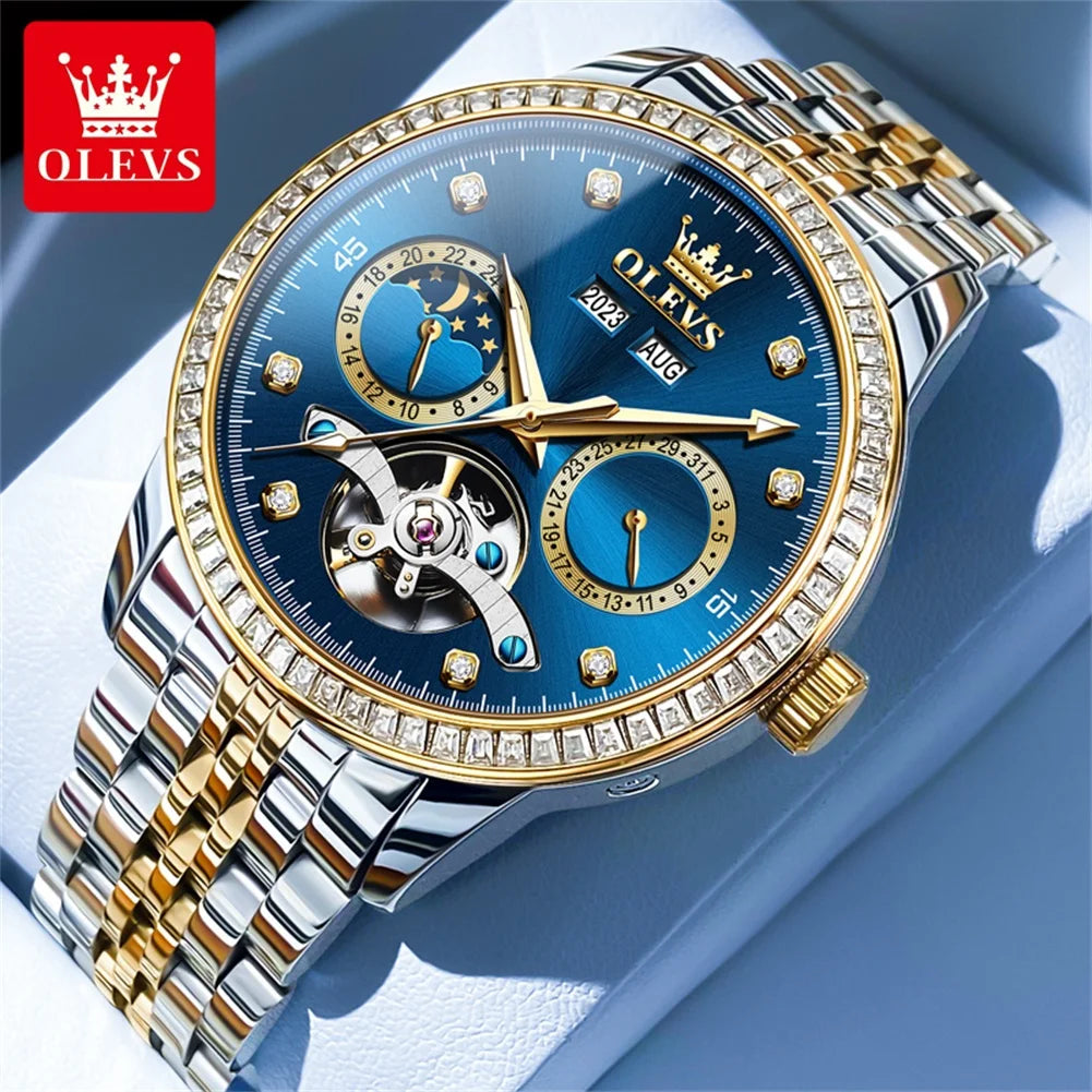 Reloj automático de lujo OLEVS 7016 para hombre, esqueleto, tourbillon, fase lunar, calendario, resistente al agua, reloj de pulsera mecánico de acero inoxidable