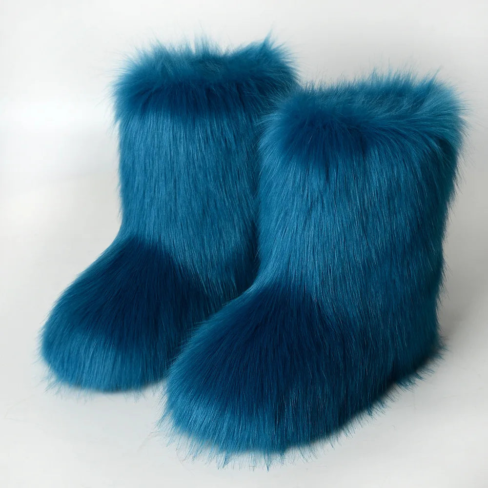 Botas de piel para mujer, botas de nieve de piel sintética peludas y esponjosas de lujo para invierno, botines de plataforma impermeables con cordones, botas de esquí rosas 2024