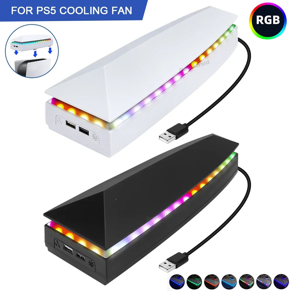 Upper Cooling Fan Base Game Cooler Stand Bracket with RGB Atmosphere Colorful Lighting LED for PS5 Console with Dust Cover