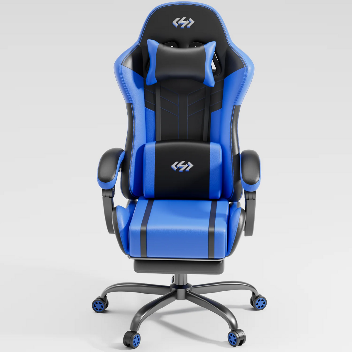 Silla de gaming ergonómica azul y negra con reposacabezas, cojines y base giratoria