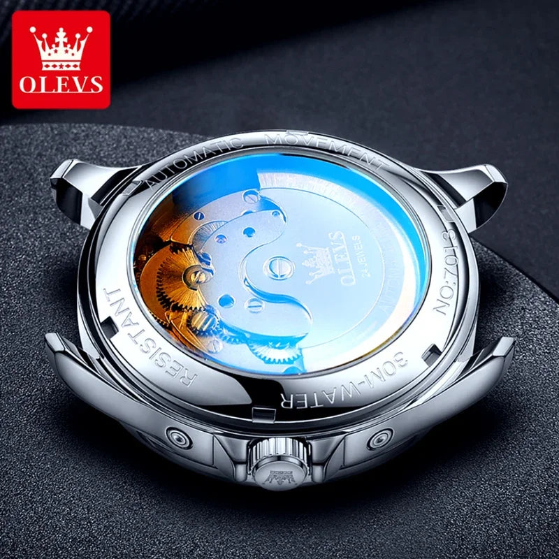 Reloj mecánico de negocios OLEVS 7013 con esfera redonda y correa de acero inoxidable