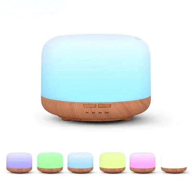 Mini humidificador de aire USB de 500 ml con luces LED de colores, difusor de aceites esenciales con diseño de madera.