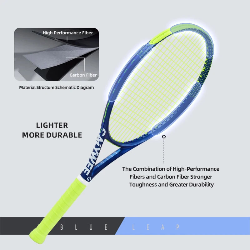 Raqueta de Tenis Blue-Leap de Fibra de Carbono, 345±10g Encordada, 60-65lbs, Absorción de Impactos, Apta para Atletas Profesionales de Alto Rendimiento