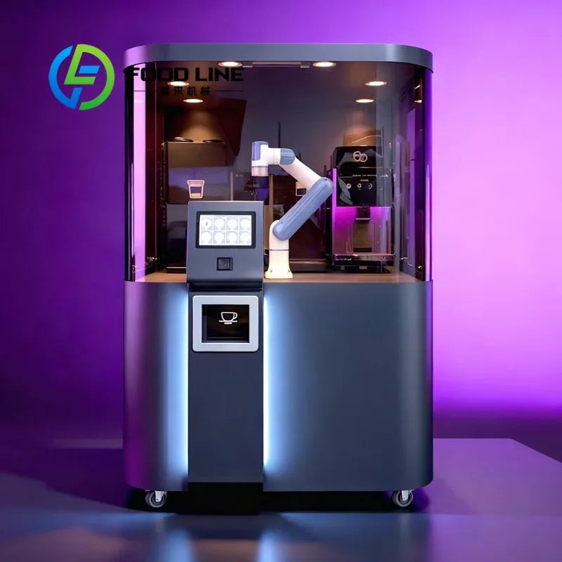 Robot cafetero colaborativo de color oscuro con cabina transparente y brazo dosificador