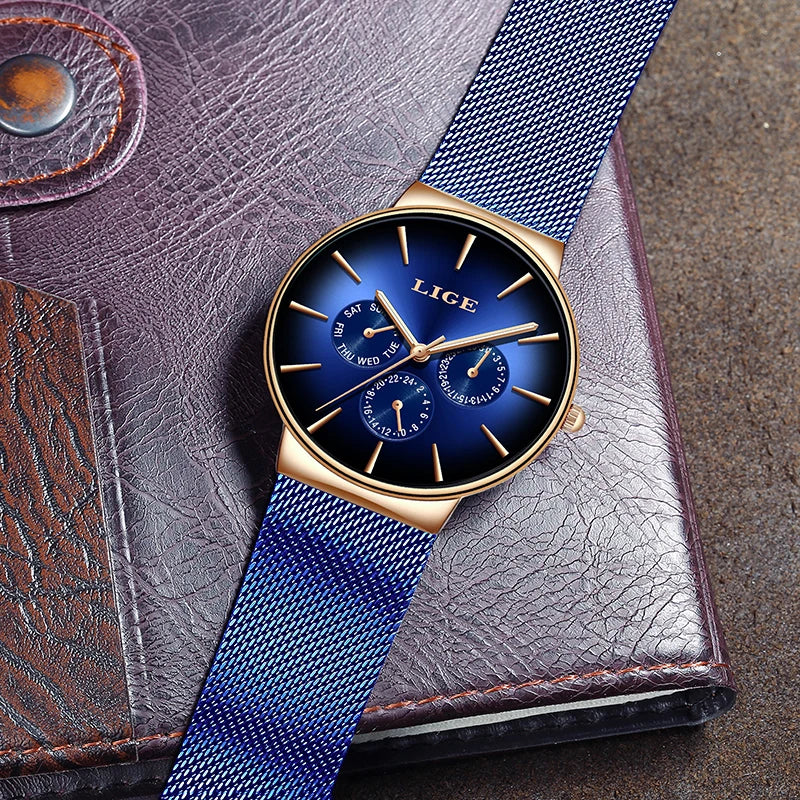 Nuevo reloj de moda para mujer LIGE elegante, lujoso, sencillo, ultrafino, con correa de malla de acero, de cuarzo, resistente al agua y con calendario casual.