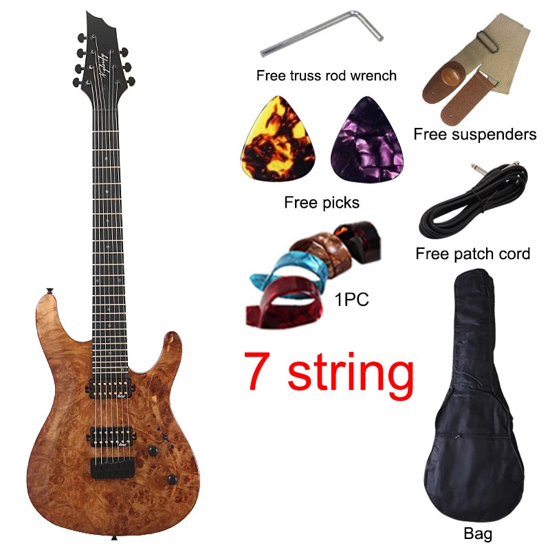 Guitarra Eléctrica de 7 y 8 Cuerdas, 39 Pulgadas, Tapa de Madera de Okoume, Cuerpo de Madera de Okoume, Mástil de Arce Canadiense, Acabado Brillante, Alta Calidad, Rojo y Azul
