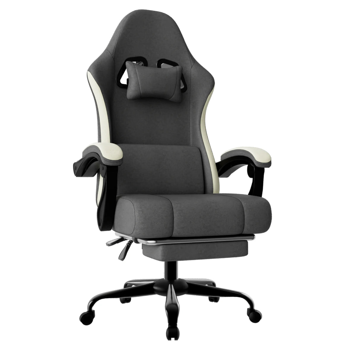 Silla de gaming ergonómica oscura con reposacabezas, almohadilla lumbar y brazos acolchados