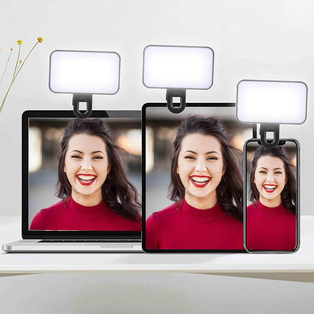 Luz de relleno portátil con clip para selfies para teléfono móvil, luz LED recargable por USB para maquillaje, videollamadas en vivo y fotografía.