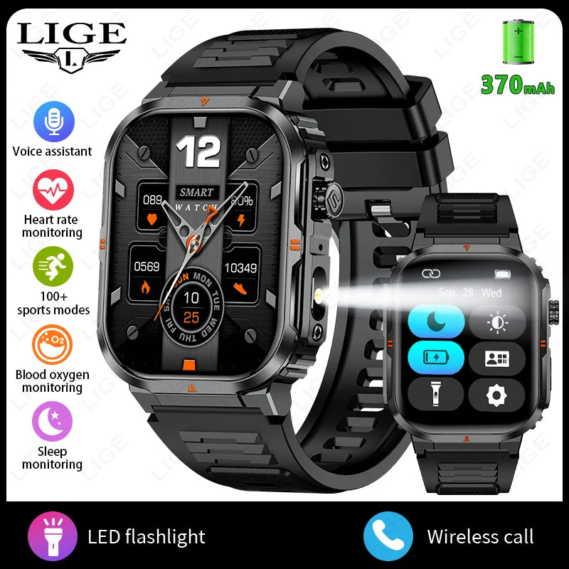 LIGE New Sports Smart Watch 2.01" HD Make Answer Call Voice Assistant Flashlight Outdoor 370mAh Battery Smartwatch For Men Women